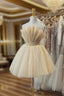 Champagne Tulle Short A-Line Formal Prom Dresses, Lovely Strapless Party Dresses