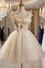 Champagne Tulle Spaghetti Straps Bow Homecoming Dresses