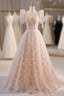 Champagne Tulle Square Puff Sleeve Formal Prom Dresses