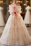 Champagne Tulle Strapless Flower Formal Prom Dresses