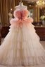 Champagne Tulle Strapless Tiers Formal Prom Dresses