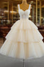 Champagne Tulle Straps Tiers Beading Short Formal Prom Dresses