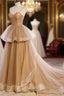 Champagne Tulle Sweetheart Straps Long Ball Gown Formal Prom Dresses, Champagne Party Dresses
