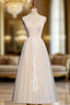 Champagne Tulle V-neck Backless Appliques Formal Prom Dresses