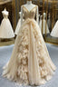 Champagne Tulle V-neck Beading Formal Prom Dresses