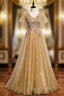 Champagne Tulle V-neck Short Sleeve Beading Formal Prom Dresses
