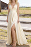 Champagne V Neck Chiffon Floor Length Bridesmaid Dresses Long Bridesmaid Dress With Pleated Split