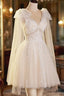 Champagne V-Neck Lace Short Formal Prom Dresses, Lovely A-Line Evening Party Dresses