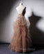 Champagne V Neck Tulle Lace Long Formal Prom Dresses, Champagne Graduation Dresses