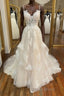 Champagne v neck tulle lace long Formal Prom dress, champagne lace evening dress