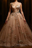 Champagne v neck tulle lace Formal Prom dress, champagne tulle evening dress