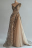 Champagne Vintage A-Line One-Shoulder Sequined Tulle Long Formal Prom Dresses