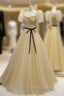 Champagne Wave Point Puff Sleeve Formal Prom Dresses
