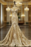 Champange Tulle Mermaid Sequins Lace Appliques Cap Sleeve Wedding Dresses