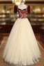 Champgne Tulle Sequare Short Sleeve Formal Prom Dresses