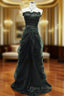 Charming Black Satin and Tulle Straps Beaded Long Party Dresses, A-line Black Formal Prom Dresses