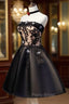 Charming Black Satin with Lace Applique Homecoming Dresses, Knee Length Formal Prom Dresses