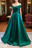 Charming Dark Green Satin Long Junior Formal Prom Dresses, Off Shoulder Evening Gown