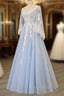 Charming Light Blue Tulle V-neckline Long Party Dresses, Formal Prom Dresses
