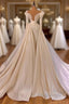 Charming Long A-line Cathedral V-neck Satin Lace Wedding Dresses With Sleeves