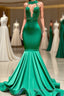 Charming Long Mermaid Halter Stretch Satin Lace Backless Formal Prom Dresses
