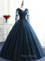 Charming Long Sleeves Navy Blue Tulle Party Gown, Navy Blue Formal Prom Dresses