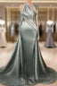 Charming Mermaid Irregular Collar Satin Rhinestone Halter Ruffled Long Formal Prom Dresses Formal Evening Gown
