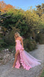 Charming Pink Strapless High Slit Flower Formal Prom Dresses