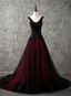 Charming Sleeveless Black And Red Lace Appliques Beaded Party Dresses, Low Back Formal Prom Dresses