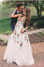 Charming V Neck A Line Formal Prom Dresses With Embroidery, Open Back Formal Evening Dresses