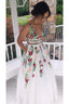 Charming V Neck Floral Embroidery Long Lace Formal Prom Dresses With Pocket