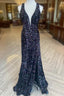 Cheap Meremaid Iridescent Sequin Formal Prom Dresses Cheap V Neck Long Formal Dresses