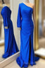 Cheap Mermaid One Shoulder Formal Prom Dresses Royal Blue Long Sleeve Party Dresses
