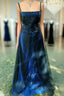 Chic A Line Spaghetti Straps Navy Blue Tulle Evening Dresses Long Formal Prom Dresses