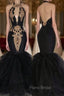 Chic Backless Formal Prom Dresses with Gold Appliques Mermaid Halter Evening Gowns with Keyhole