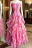 Chic Ball Gown Spaghetti Straps Pink Satin Formal Dresses Long Formal Prom Dresses With Embroidered
