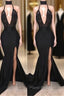 Chic Black High Neck Lace Front Split Mermaid Formal Prom Party Gowns