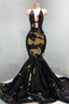 Chic Hollow Neckline Gold And Black Long Train Mermaid Evening Dresses