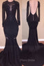 Chic Mermaid Black Long-Sleeves Backless Appliques Formal Prom Party Gowns