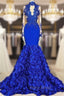 Chic Royal Blue Keyhole Flowers Train High neck Mermaid Formal Prom Party Gowns