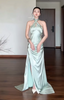 Chic Sheath Green Wedding Guest Dresses Satin Halter Long Formal Evening Dresses