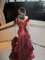 Chic Wine Red Off Shoulder Satin Layers Long Formal Prom Dresses, Wine Red V-Neckline Formal Evening Dresses