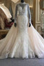 Classic Collar Long Sleeves Floral Pattern Mermaid Wedding Dress Detachable Sweep Train