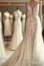 Classic Double V Neck Floral Lace Wedding Bridal Gowns Sweep Train