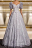 Classic Gray Tulle Sequins Short Sleeve Beading Formal Prom Dresses