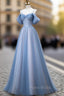 Classy A Line Spaghetti Straps Long Party Dresses Blue Formal Prom Dresses