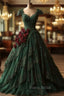 Classy Ball Gown Short Sleeves Dark Green Lace Long Party Dresses Satin Formal Prom Dresses