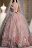 Classy Ball Gown Sweetheart Pink Floral Tulle Long Formal Dresses Formal Prom Dresses