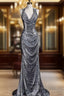 Classy Mermaid Halter Silver Sequin Long Evening Dresses Sexy Formal Prom Dresses