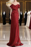 Classy Mermaid Off The Shoulder Red Satin Long Evening Gowns Formal Prom Dresses